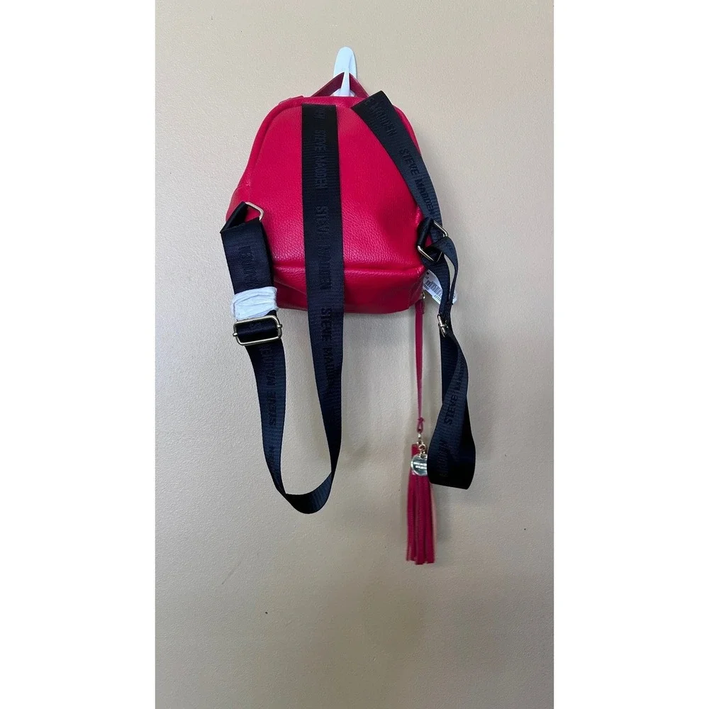 Steve Madden Womens Red Mini Backpack Pebbled Faux Leather Tassel‎ Gold Hardware